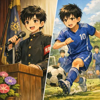 中学時代の生徒会長とサッカー部をイメージするイラスト