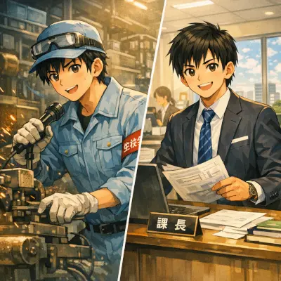 工場勤務から課長へ昇進をイメージするイラスト