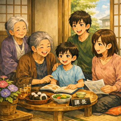 曾祖母・祖母・母親・兄夫婦の多世代同居をイメージするイラスト